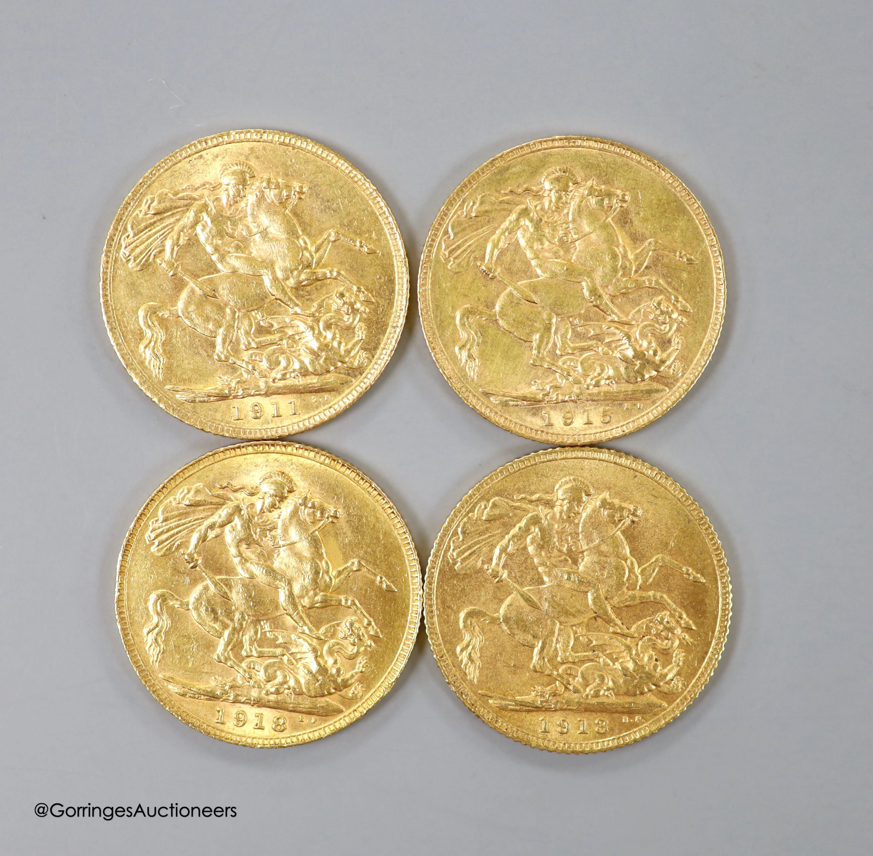 Four George V gold sovereigns, 1911, 1913, 1915P and 1918P